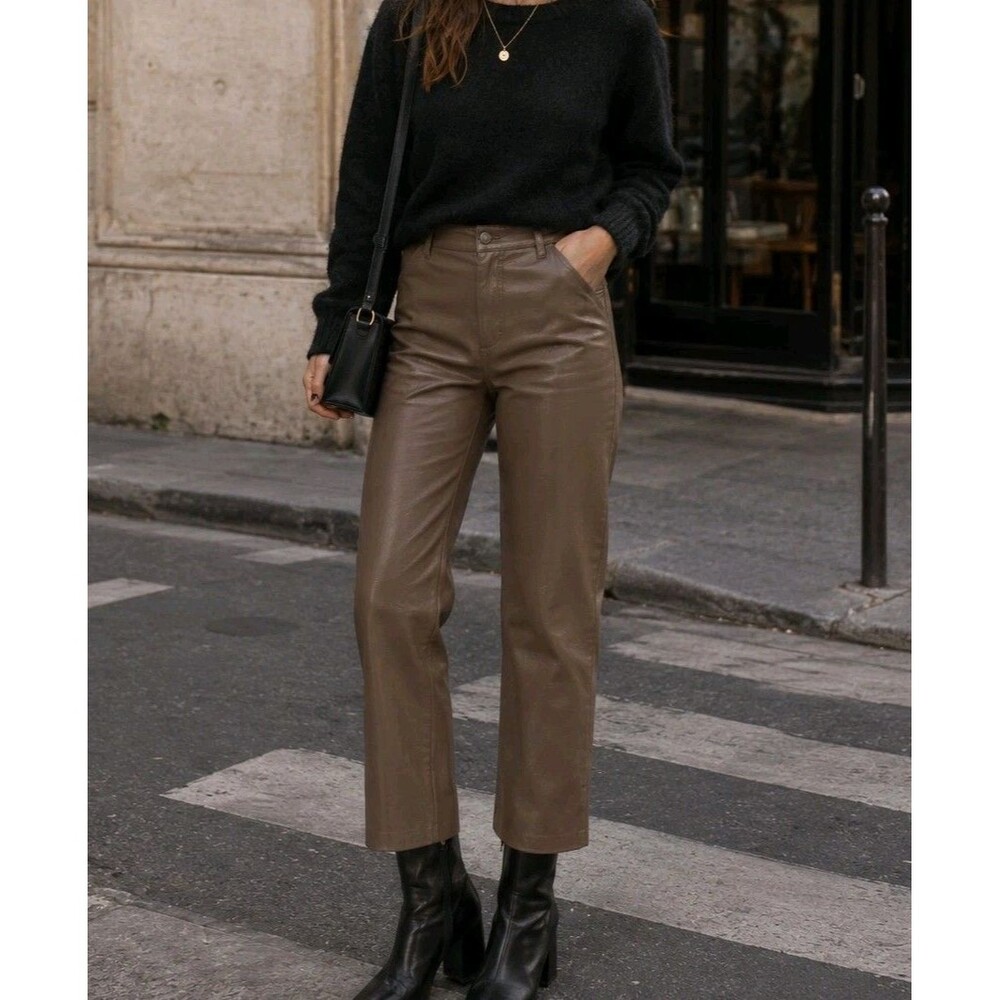 Aritzia Wilfred Melina Vegan Leather Cropped Straight Pants Brown High Rise 00